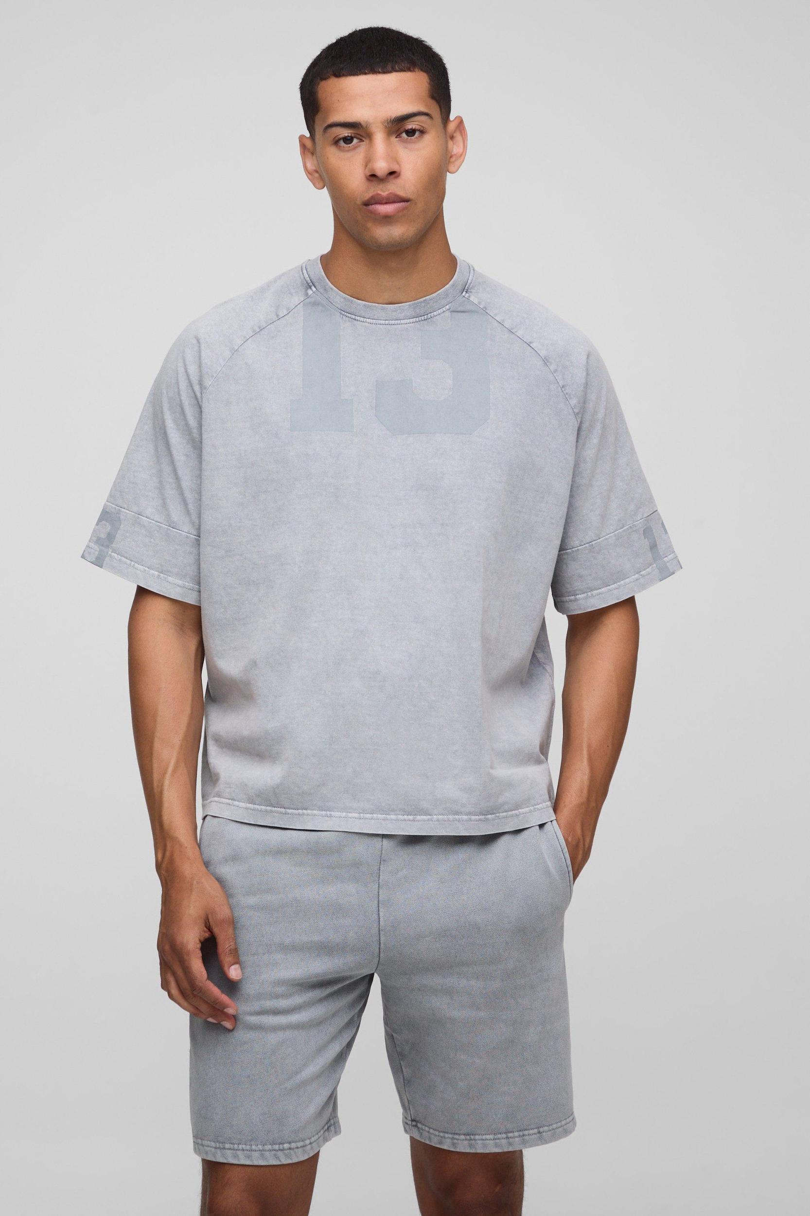 Oversized Boxy Varsity Washed T-Shirt & Short Set | boohooMAN USA Product Image