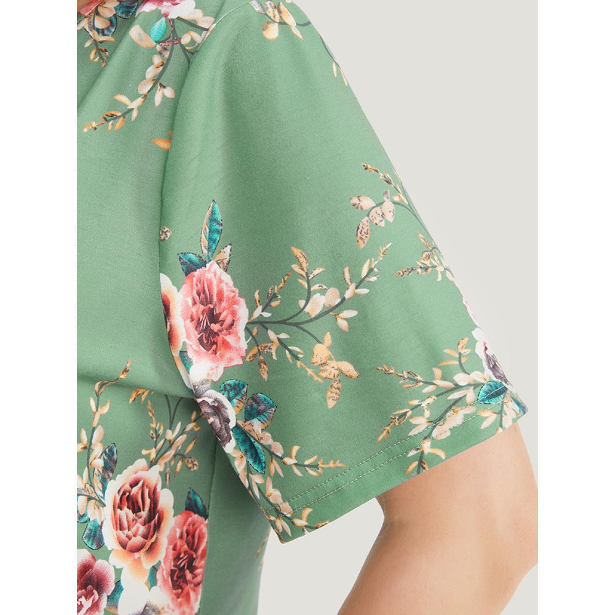 Plus Size Floral Print Button Detail Pleated V Neck T-shirt Sage Women Casual Floral V-neck Dailywear T-shirts BloomChic 12/L Product Image