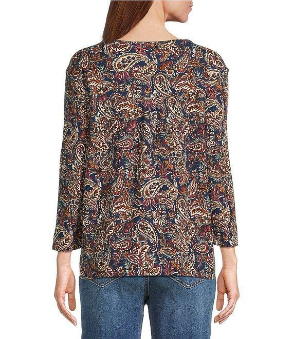 Westbound Knit Dark Denim Vibe Paisley 3/4 Sleeve Henley Top Product Image