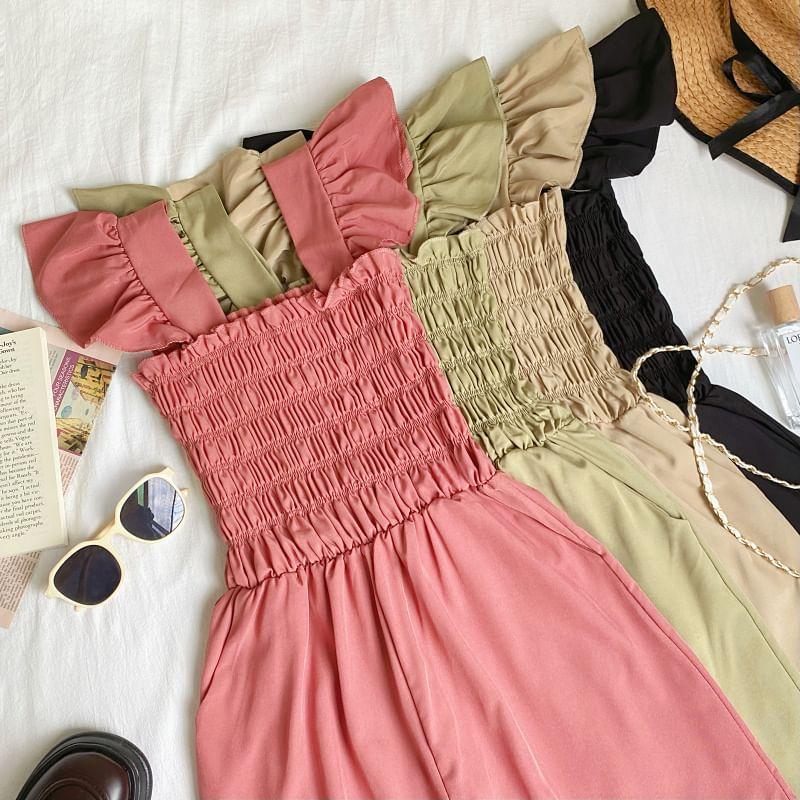 Sleeveless Square Neck Plain Shirred Ruffle Romper Product Image