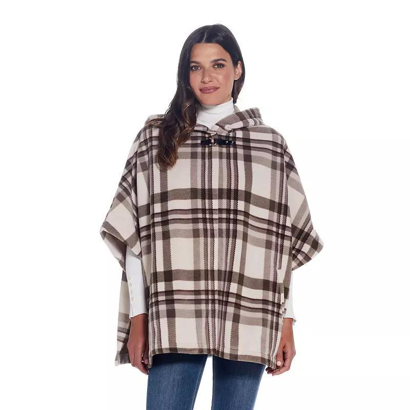 Women's Weathercast Hood Plaid Fleece Poncho, Grey Red Plaid Product Image