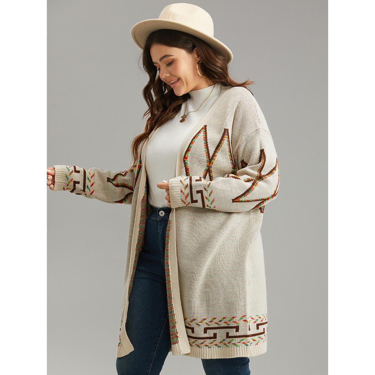 Plus Size Boho Geometric Print Open Front Cardigan Beige Women Casual Loose Long Sleeve Everyday Cardigans BloomChic 26/4X Product Image