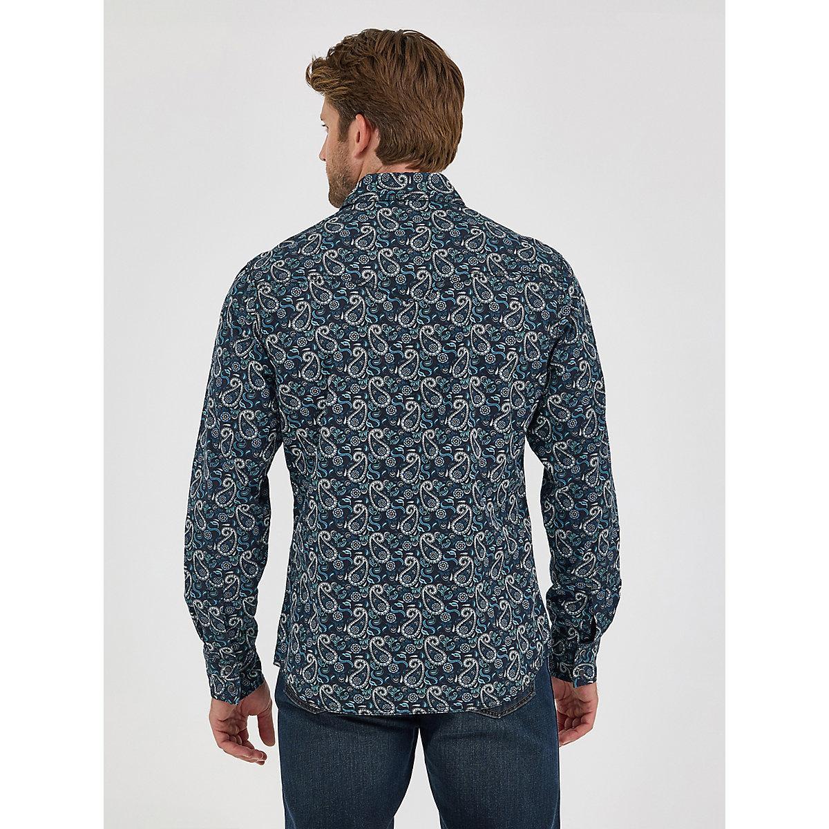Men's Wrangler® Retro® Premium Long Sleeve Western Snap Printed Shirt in Teal Big Paisley Product Image