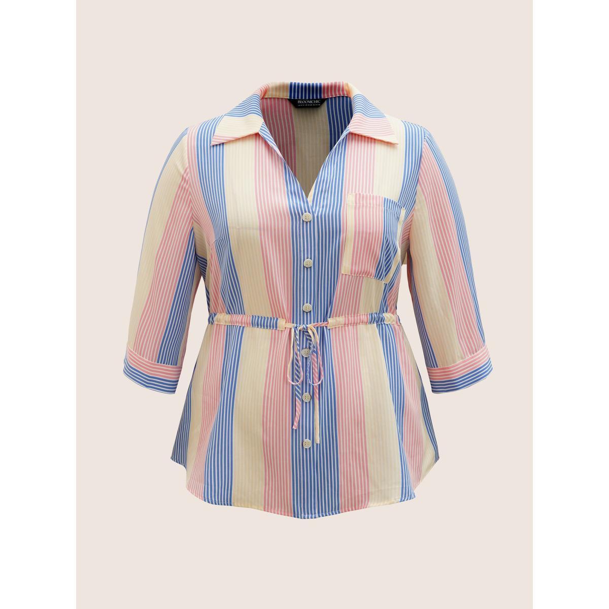 Plus Size Multicolor Contrast Striped Drawstring Patched Pocket Blouse Women Casual Elbow-length sleeve Shirt collar Everyday Blouses BloomChic 14-16/1X Product Image