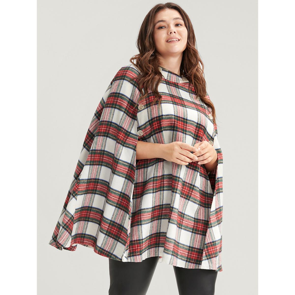 Plus Size Tartan Button Side Cape Coat Without Hat Women Apricot Elegant Button Loose Ladies Dailywear Winter Coats BloomChic 18-20/2X Product Image