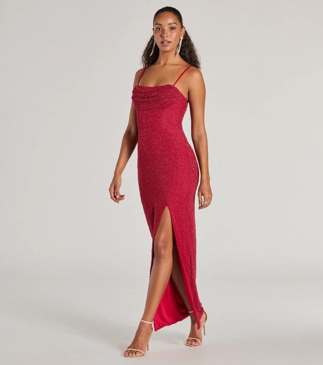 Klara Cowl Neck Faux Pearl Bead Column Dress Product Image