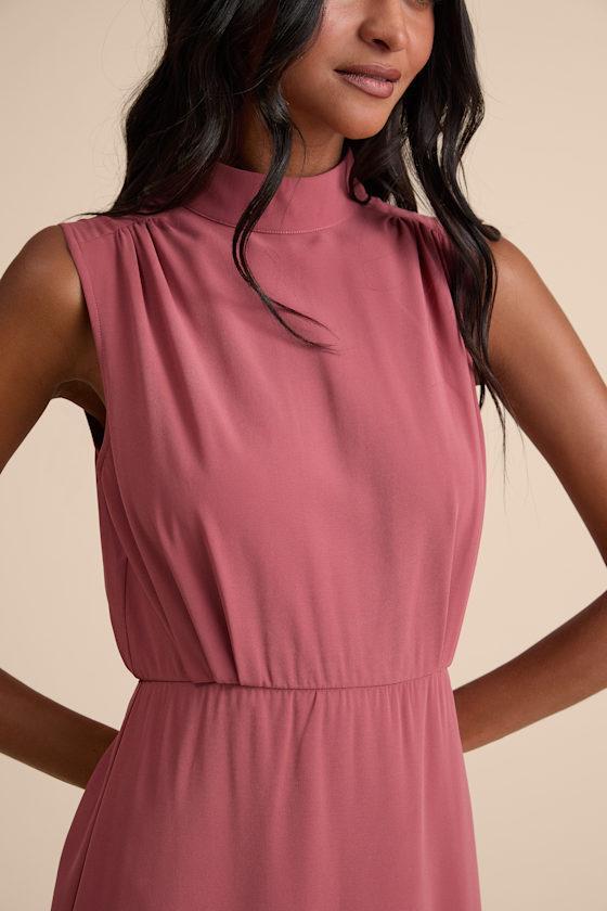 Classic Elegance Rusty Rose Sleeveless Mock Neck Maxi Dress Product Image