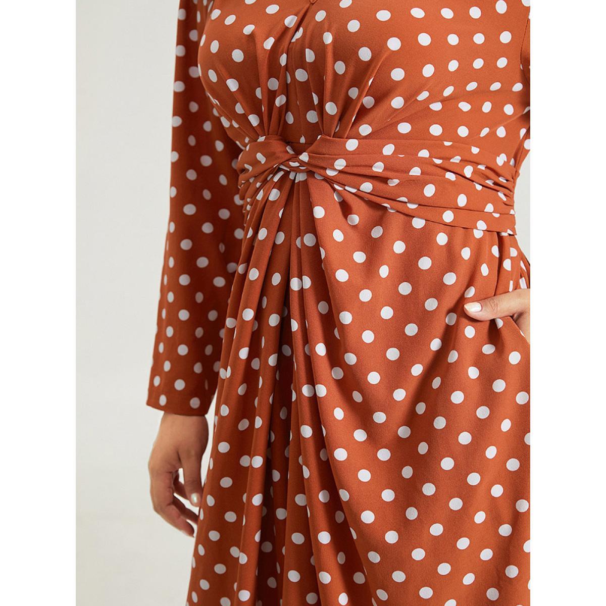 Plus Size Polka Dot Pocket V Neck Twist Front Ties Dress Salmon Women Elegant Cross straps V-neck Long Sleeve Curvy Midi Dress BloomChic 28/5X Product Image