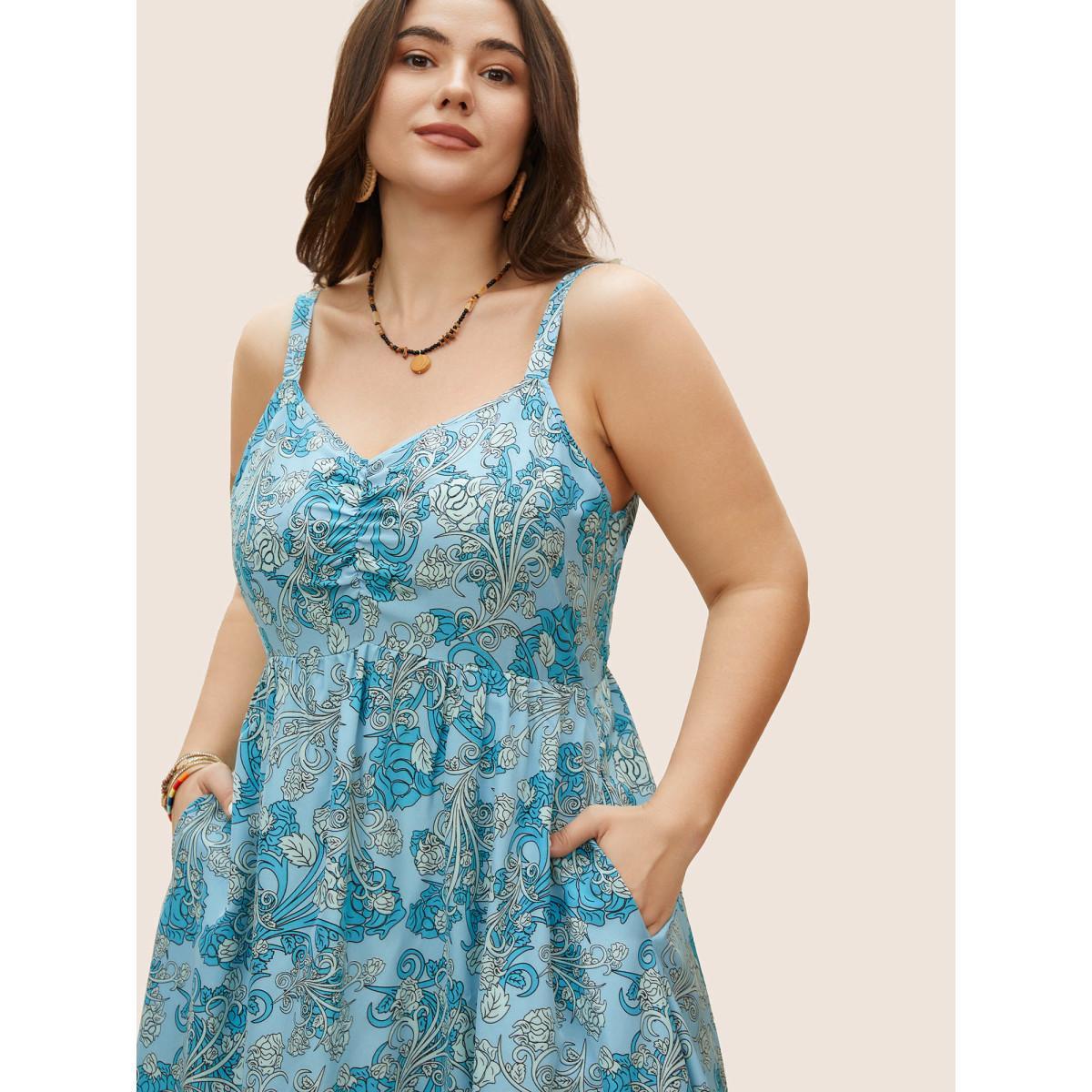 Plus Size Bandana Print Ruched Pocket Cami Dress Cerulean Women Resort Gathered V-neck Sleeveless Curvy BloomChic 26/4X Product Image
