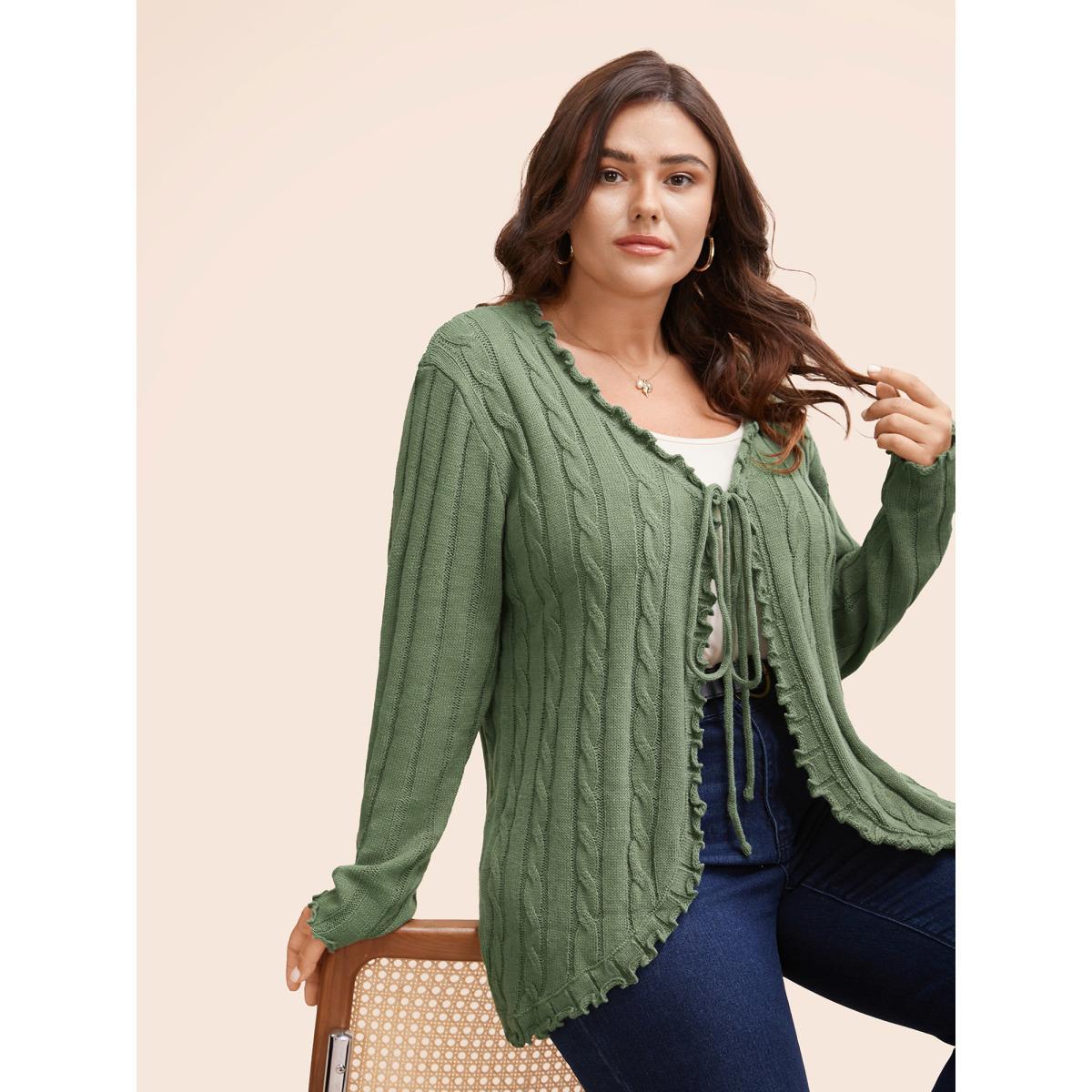 Plus Size Cable Knit Tie Knot Frill Trim Cardigan Greenbean Women Casual Loose Long Sleeve Everyday Cardigans BloomChic 28/5X Product Image