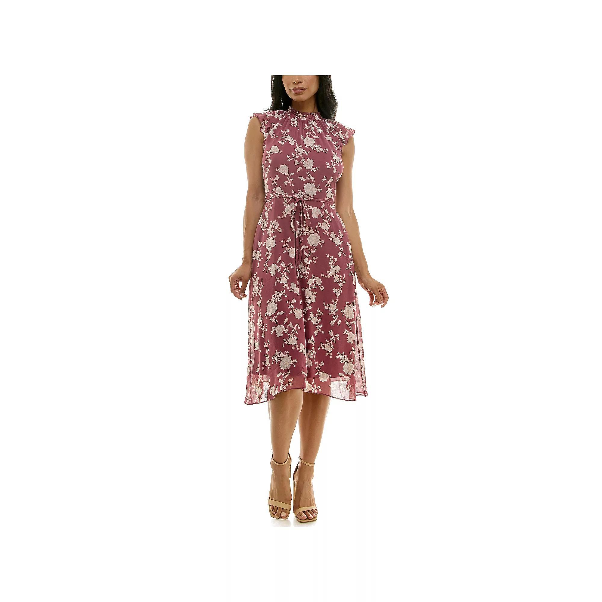 Womens Nina Leonard Smocked Flutter Sleeve Print Dress Product Image