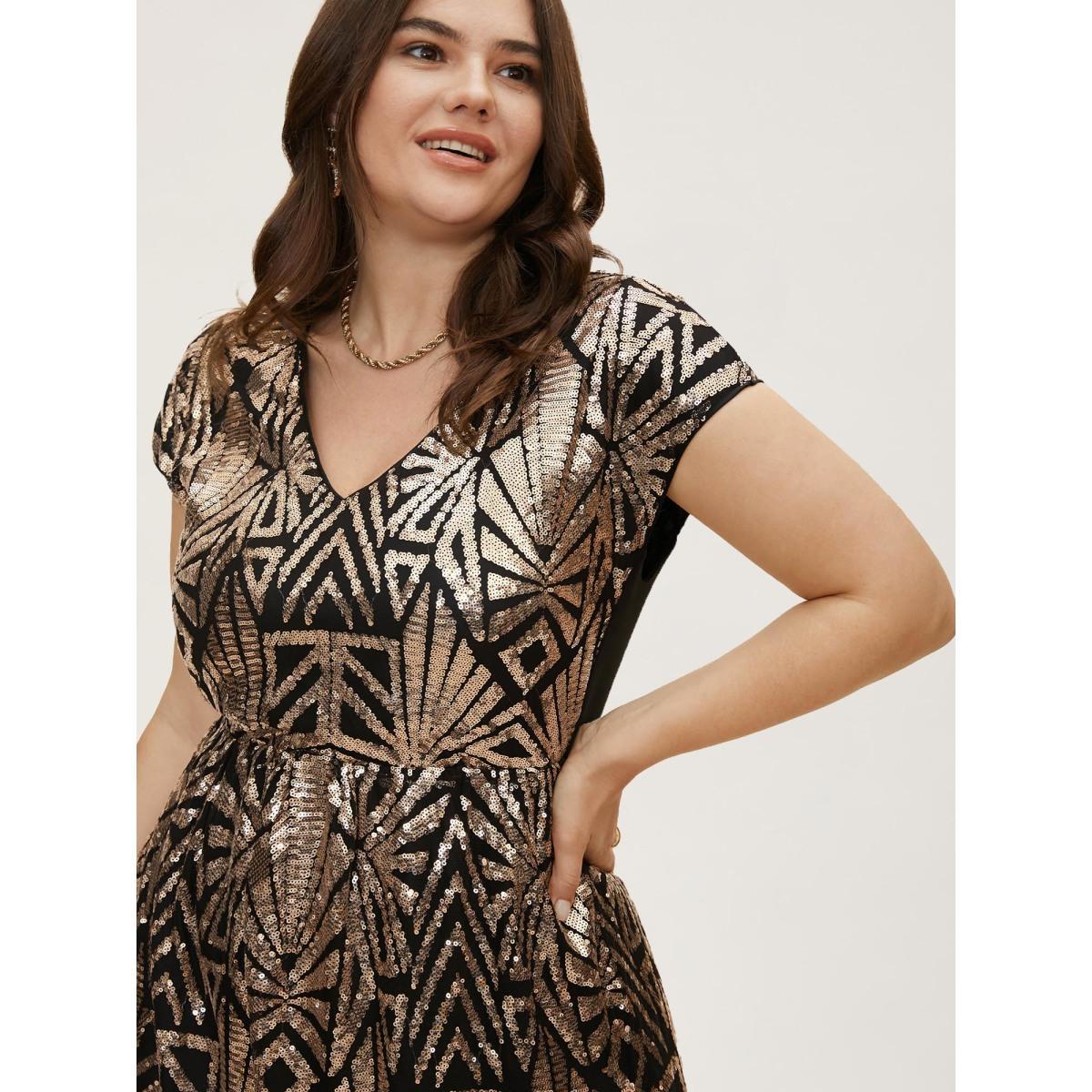 Plus Size Geometric Sequin Dolman Sleeve Midi Dress Black Women Cocktail Non V-neck Cap Sleeve Curvy BloomChic 30/6X Product Image