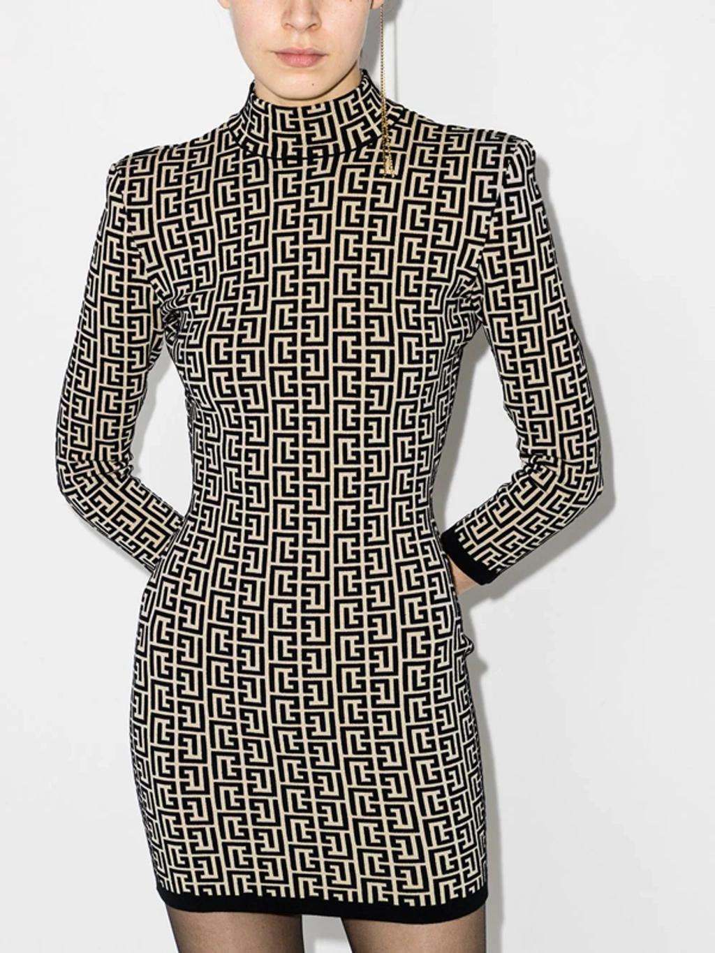 BALMAIN Motif-print Long-sleeve Dress In Ivory Noir Product Image