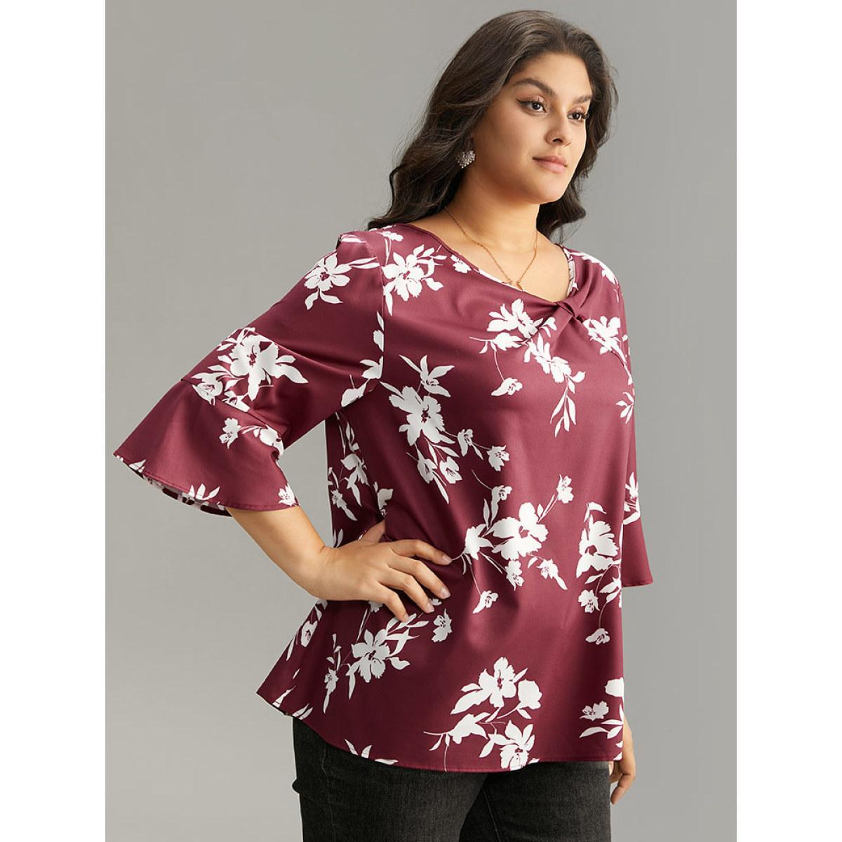 Plus Size Scarlet Silhouette Floral Print Ruffle Sleeve Twist Front Blouse Women Elegant Elbow-length sleeve Round Neck Party Blouses BloomChic 22-24/3X Product Image