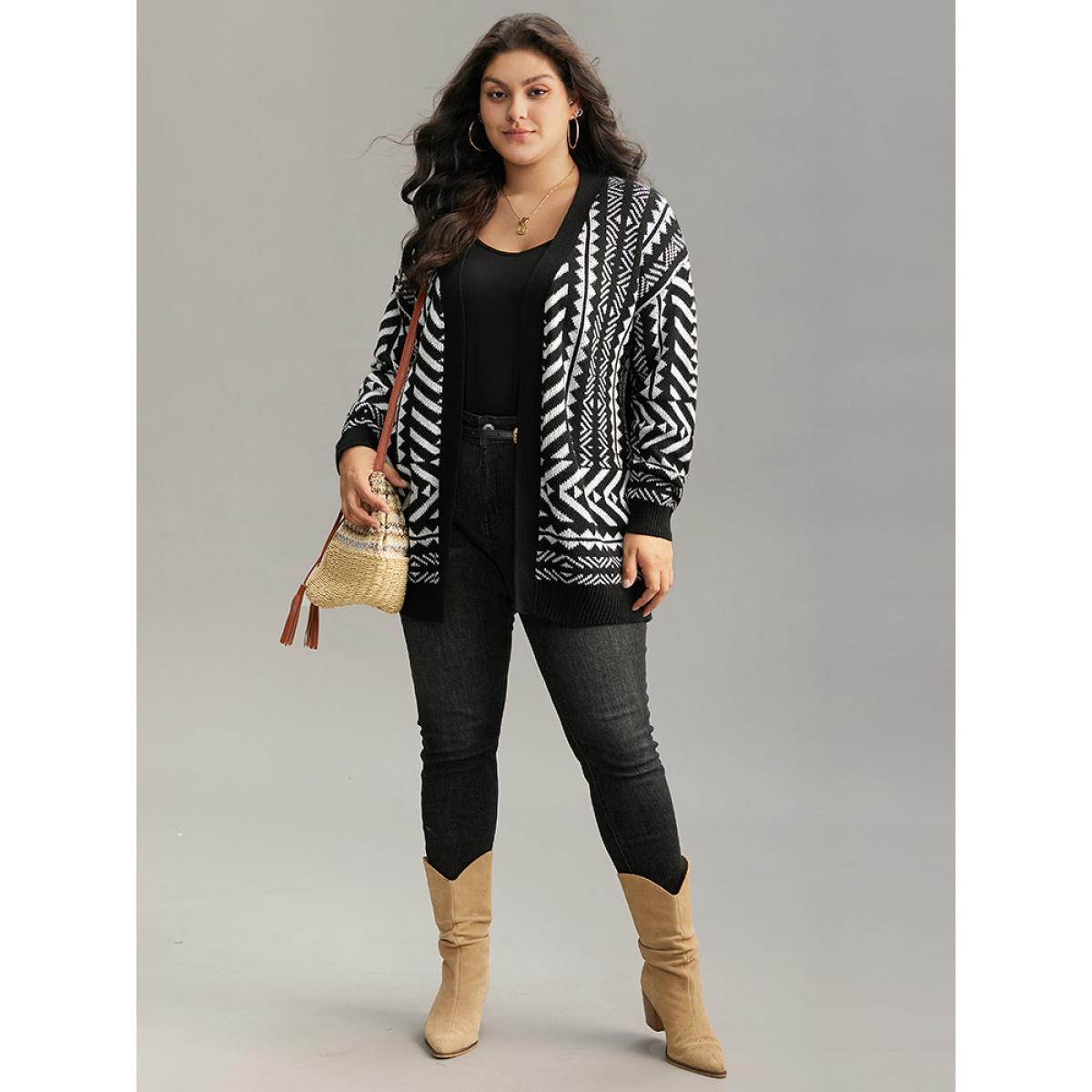 Plus Size Bandana Print Open Front Loose Cardigan Black Women Casual Loose Long Sleeve Dailywear Cardigans BloomChic 30/6X Product Image