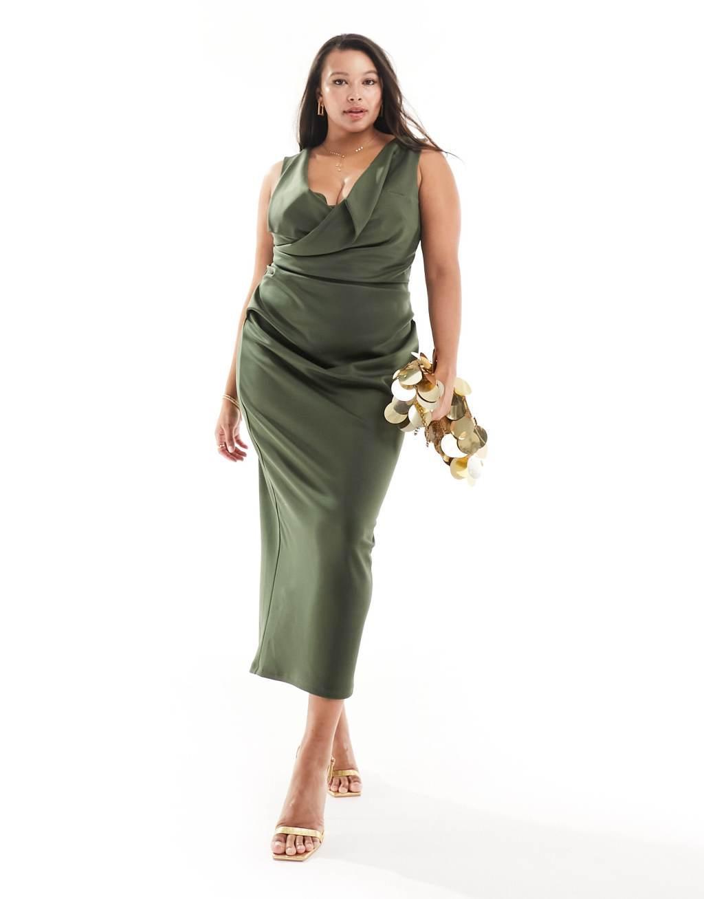 ASOS DESIGN Curve square neck pleat bust midi pencil dress Product Image