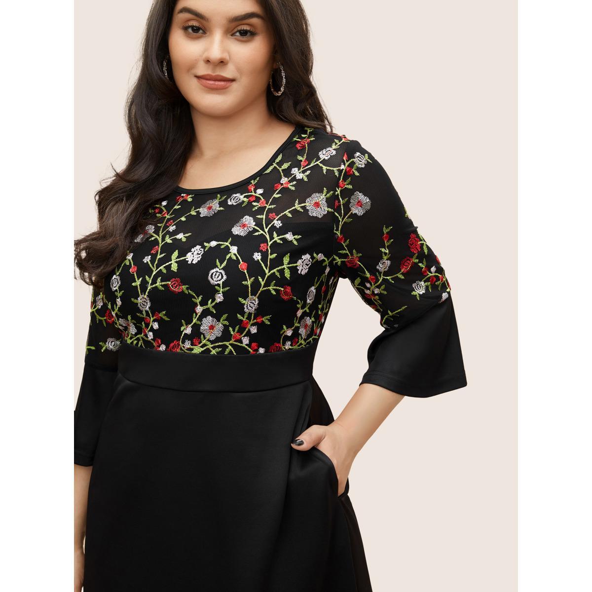 Plus Size Floral Embroidered Pocket Mesh Patchwork Dress Black Women Cocktail Non Round Neck Elbow-length sleeve Curvy Midi Dress BloomChic 14-16/1X Product Image