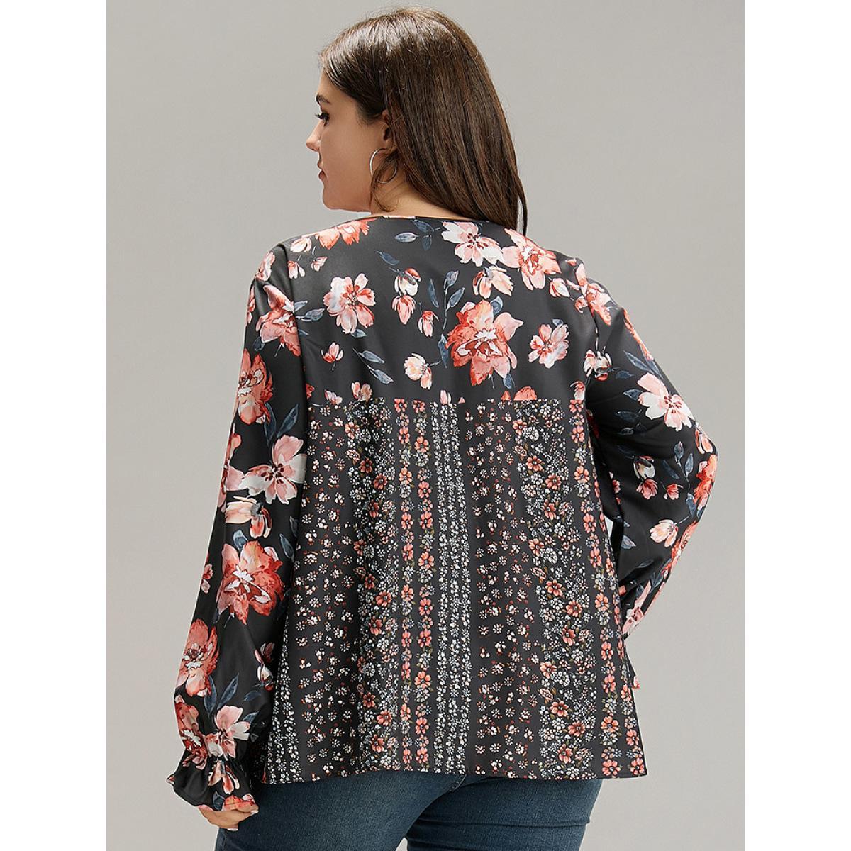 Plus Size BlackFlower Floral Print Flutter Sleeve Patchwork Blouse Women Elegant Long Sleeve V-neck Dailywear Blouses BloomChic 18-20/2X Product Image