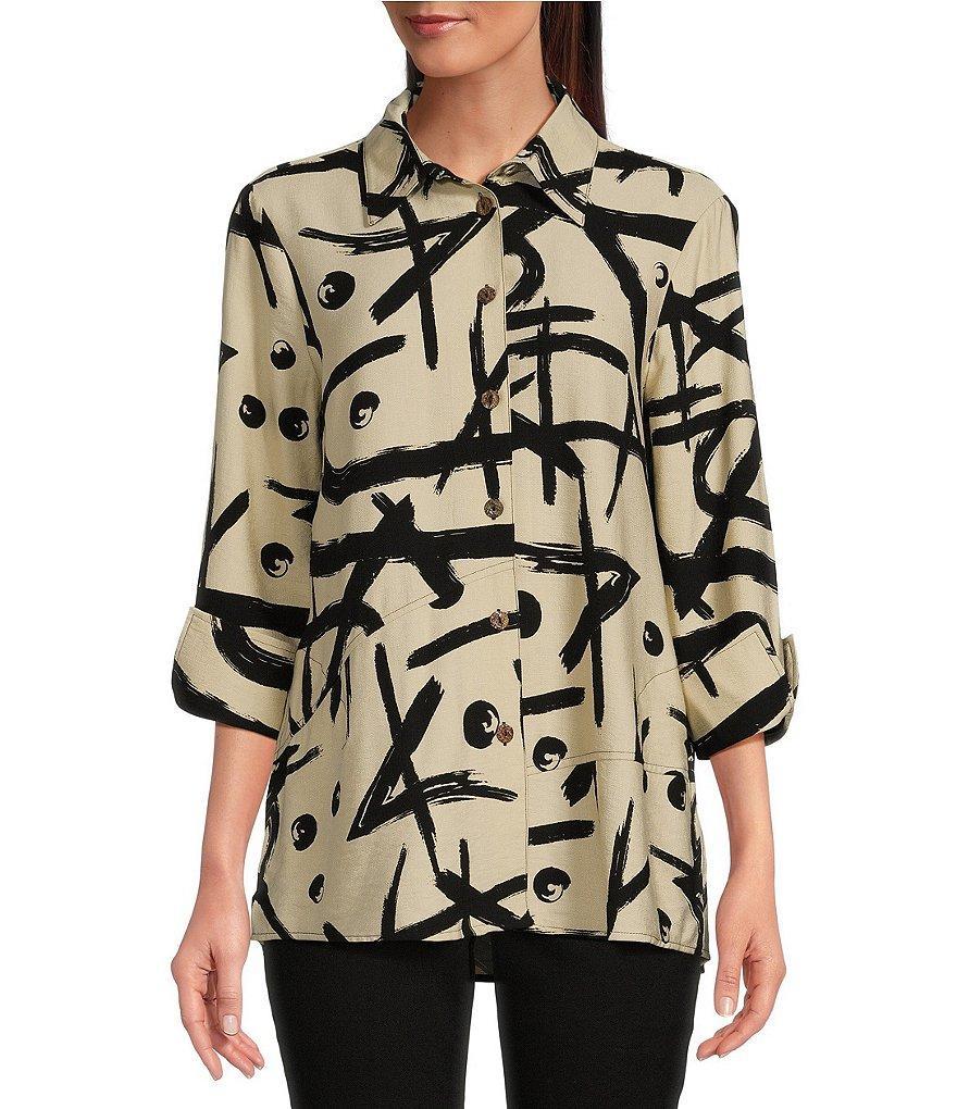Ali Miles Abstract Printed Collared 3/4 Cuffed Sleeve Button Down Top Product Image
