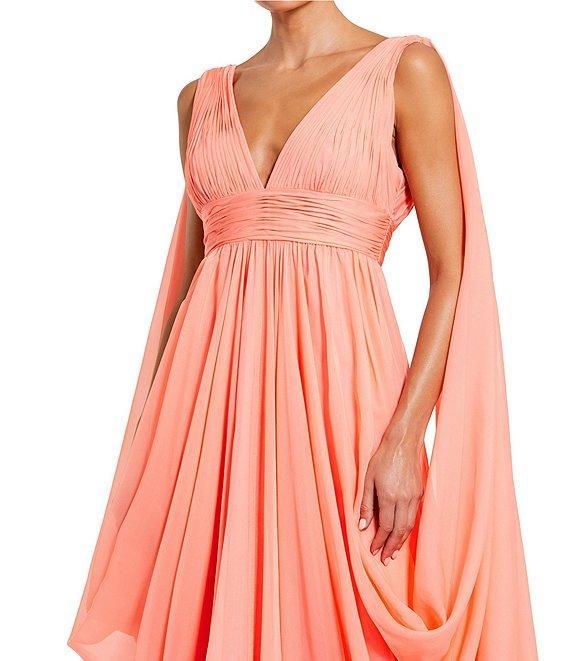 Mac Duggal Sleeveless Shirred Bodice V-Neck Drape Shoulder Chiffon A-Line Gown Product Image