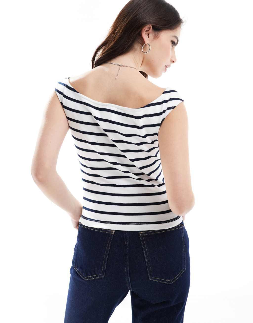 Tommy Jeans off shoulder top in white and navy stripe Product Image