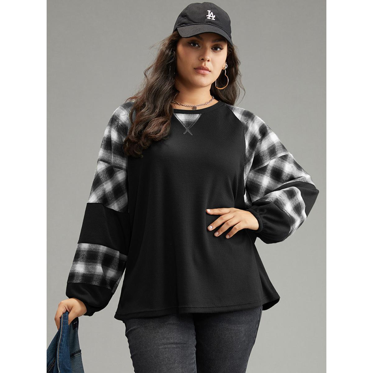 Plus Size Plaid Patchwork Rib Knit Elastic Cuffs Sweatshirt Black Women Casual Elastic cuffs Plaid Round Neck Dailywear T-shirts BloomChic 18-20/2X Product Image