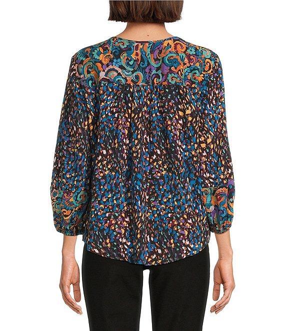 Westbound Petite Size Woven Multi Fanned Florish Elbow V-Neck Tie Blouse Product Image