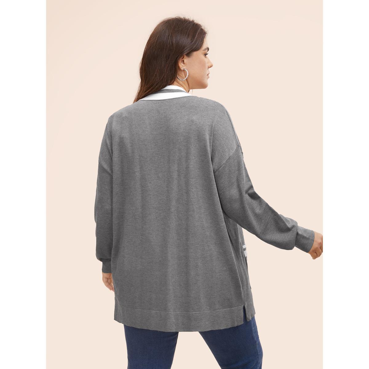 Plus Size Supersoft Essentials Contrast Slit Hem Cardigan DarkGray Women Casual Loose Long Sleeve Everyday Cardigans BloomChic 14-16/1X Product Image