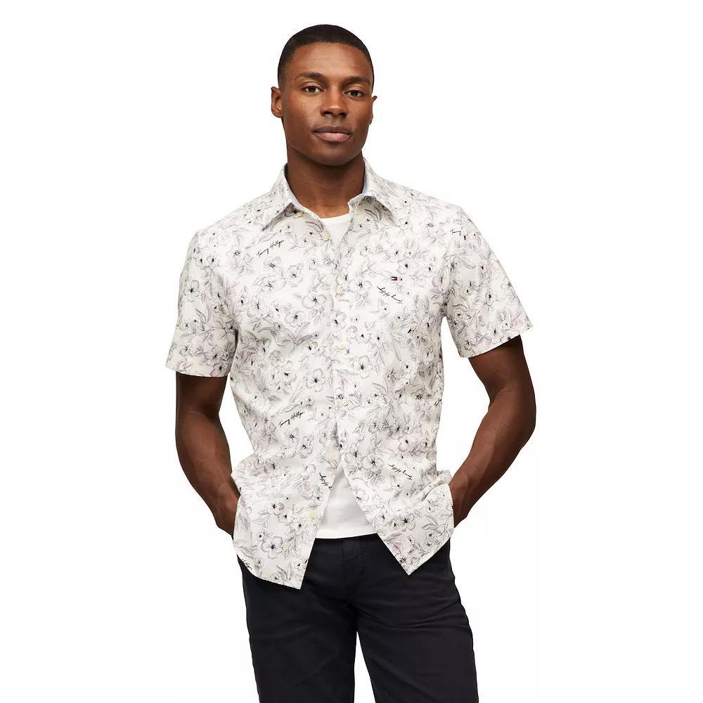 Men's Tommy Hilfiger Short Sleeve Printed Shirt, Size: Medium, Surf Blue Product Image