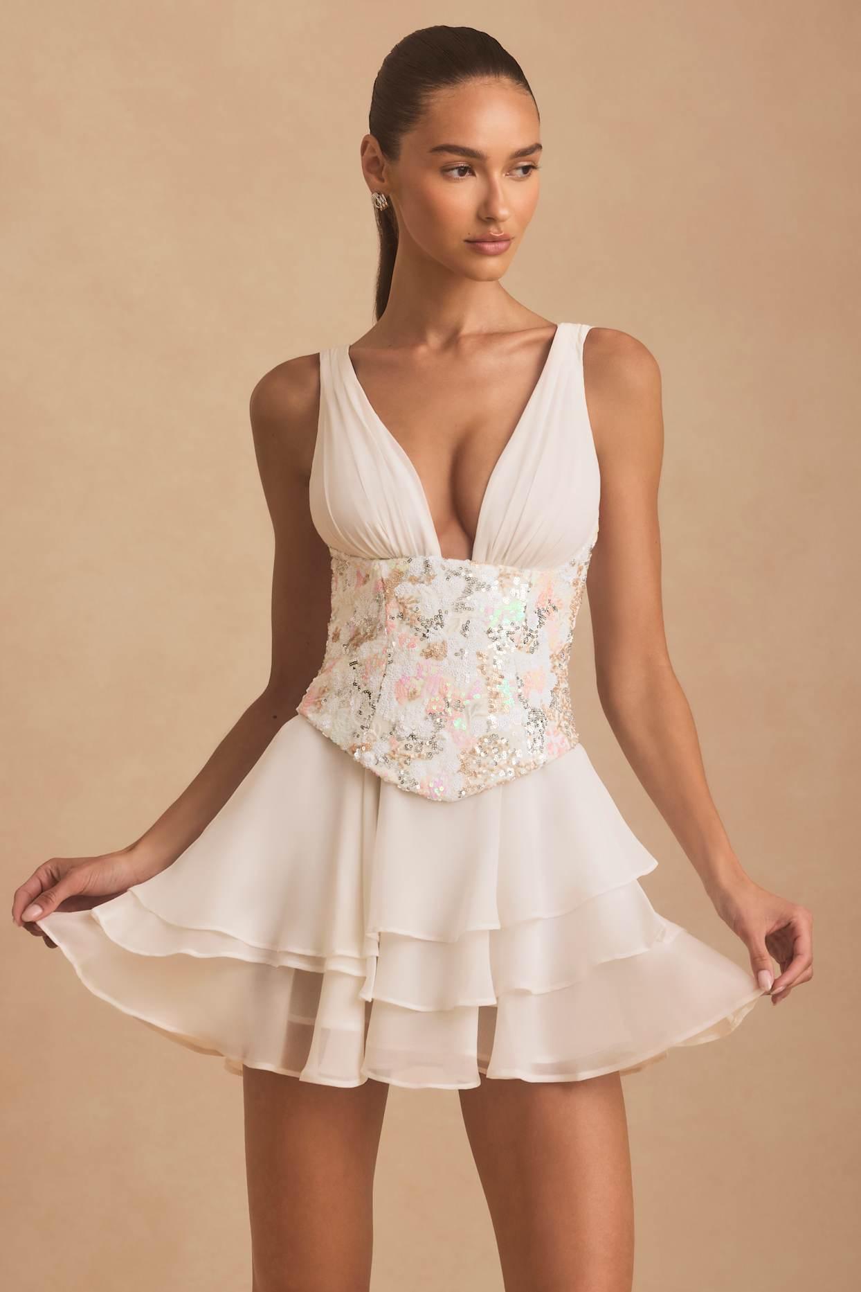 Embellished Ruffled Corset Mini Dress in Ivory Product Image