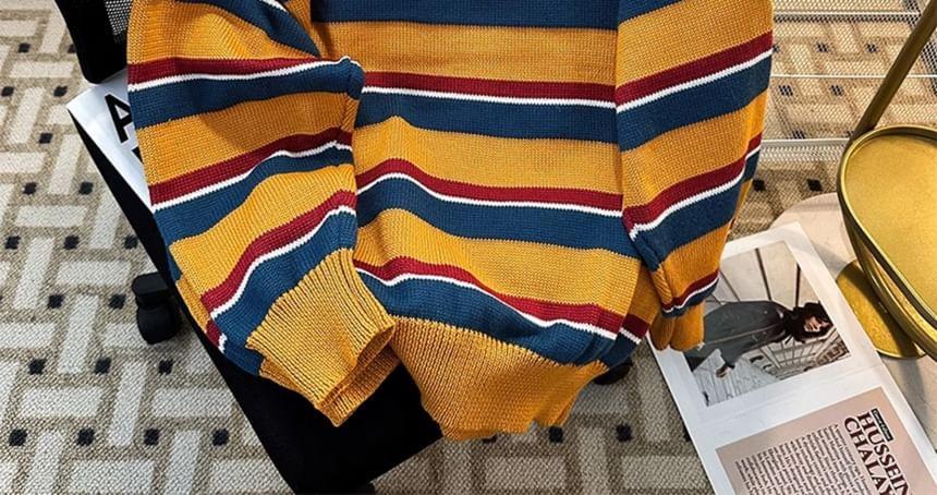 Crew Neck Lettering Striped Sweater Product Image