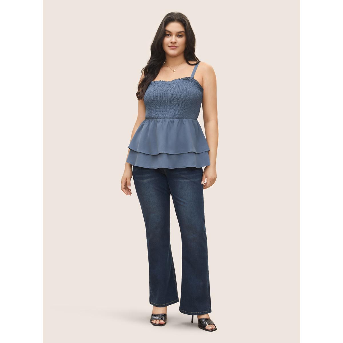 Plus Size Solid Shirred Ruffle Layered Hem Cami Top Women Stone Casual Adjustable Straps Spaghetti Strap Everyday Tank Tops Camis BloomChic 14-16/1X Product Image