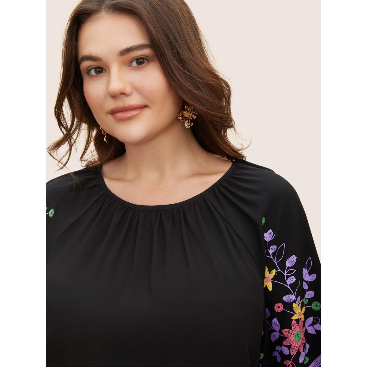 Plus Size Black Boho Print Gathered Ruffle Sleeve Blouse Women Elegant Half Sleeve Round Neck Everyday Blouses BloomChic 30/6X Product Image