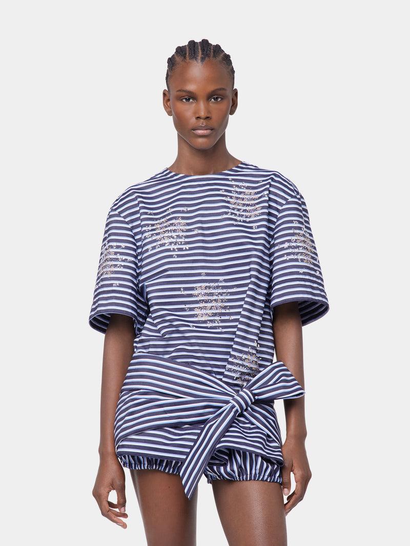 STRIPED WHITE AND BLUE EMBROIDERED TEE-SHIRT IN COTTON POPLIN Product Image