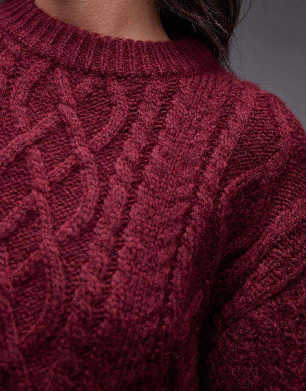 Topshop knit curved sleeve cable oversized sweater in burgundy Product Image