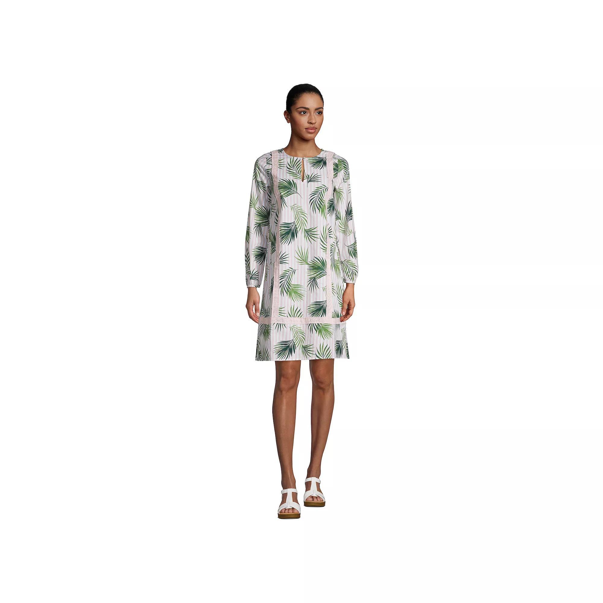 Women's Lands' End Poplin Relaxed-Fit Splitneck Dress, Size: Small, White Pink Palm Product Image