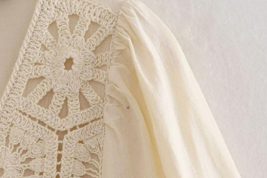 Long-Sleeve V-Neck Crochet Panel Wide Leg Romper Product Image