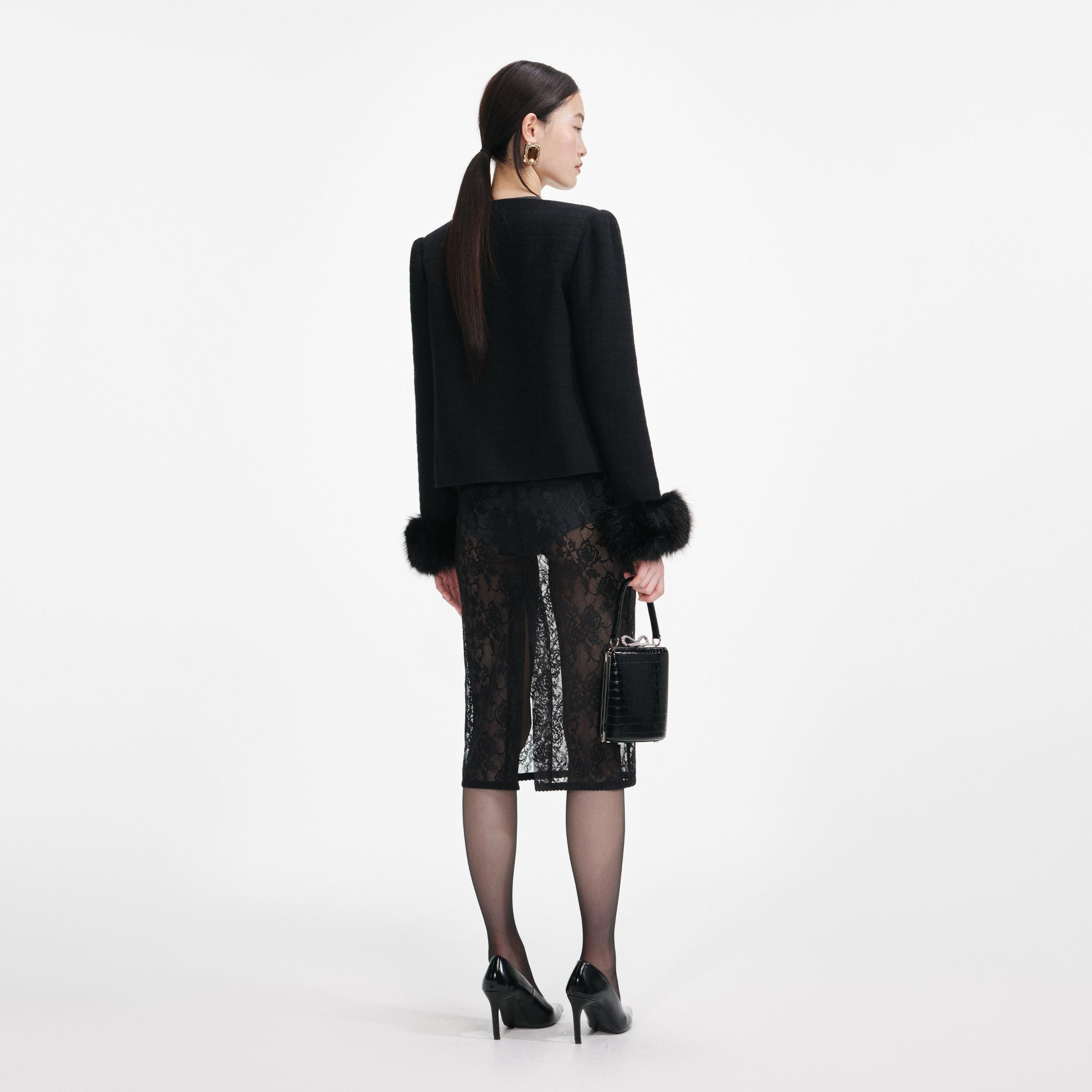 Black Boucle Fur Cuff Jacket Product Image