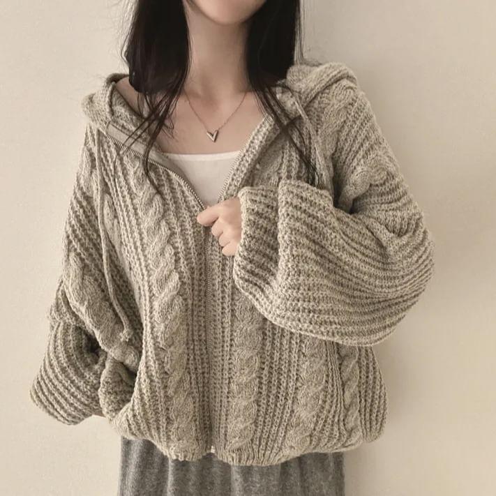 Plain Hooded Cable-Knit Zip Cardigan Product Image