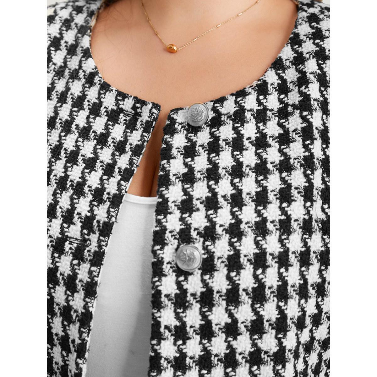 Plus Size Houndstooth Button Through Blazer Women Black Casual Texture Ladies Dailywear Winter Coats BloomChic 12/L Product Image