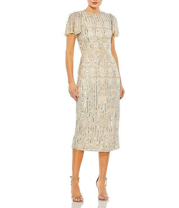Mac Duggal Beaded Crew Neck Short Flutter Sleeve Midi Dress Product Image