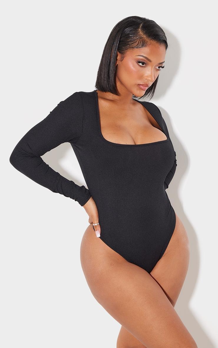 Shape Black Rib Long Sleeve Square Neck Bodysuit Product Image