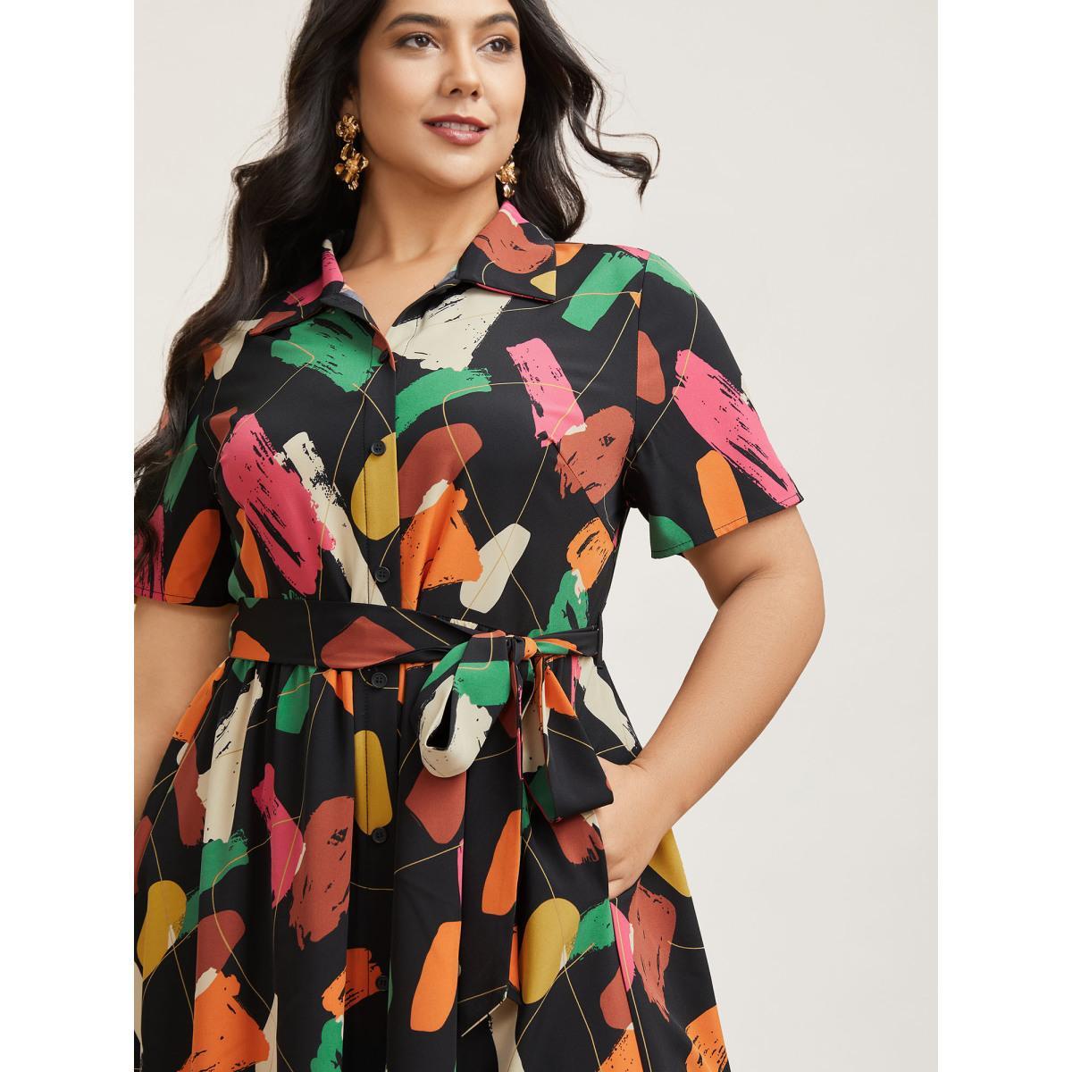 Plus Size Color Brush Print Stretchy Waist Midi Dress BlackFlower Women Elegant Belted Shirt collar Short sleeve Curvy BloomChic 28/5X Product Image