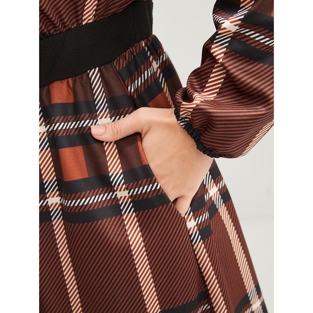 Plus Size Plaid Patchwork Round Neck Lantern Sleeve Pocket Midi Dress Tan Women Casual Patchwork Round Neck Long Sleeve Curvy Midi Dress BloomChic 18-20/2X Product Image