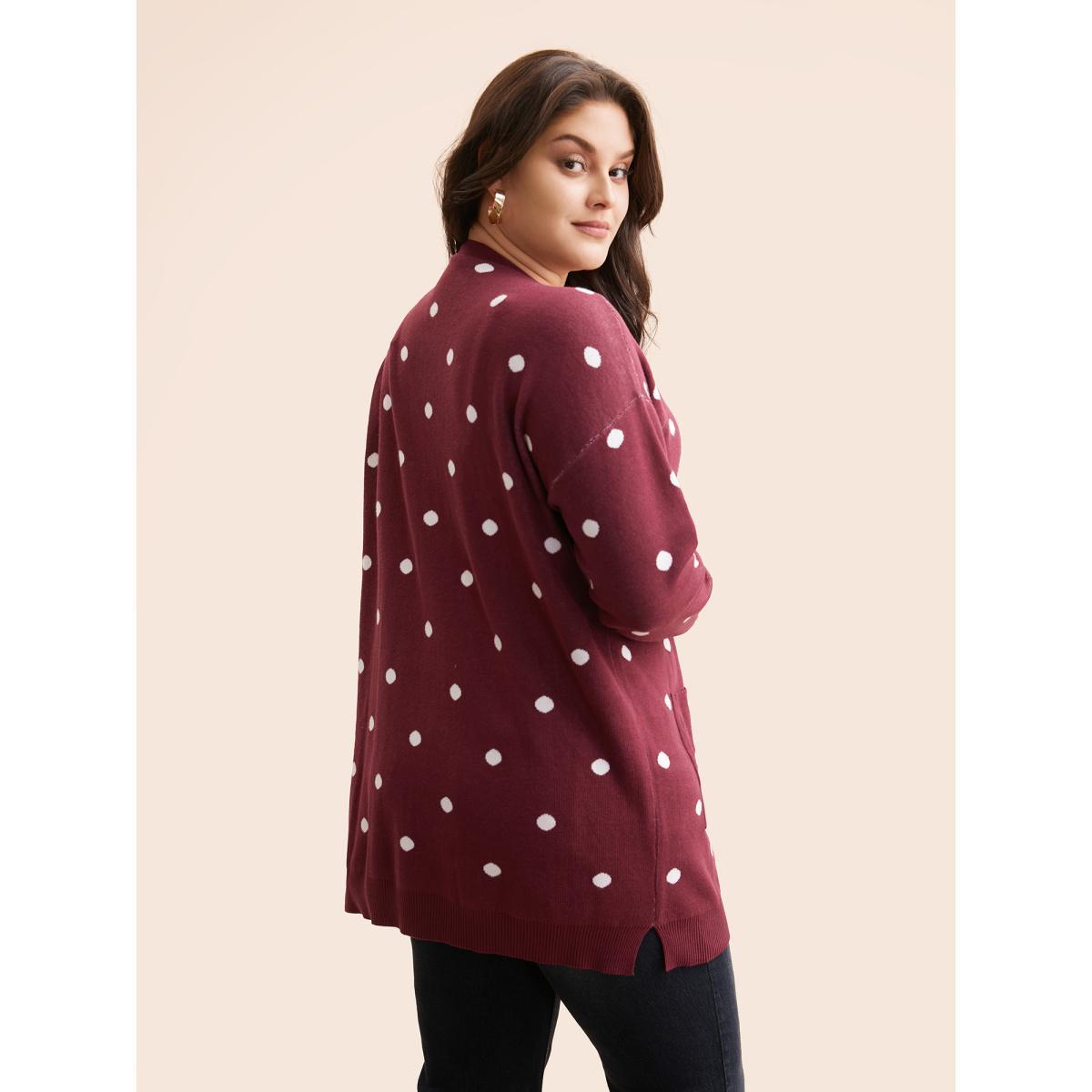 Plus Size Polka Dot Kimono Collar Patch Pocket Cardigan Scarlet Women Casual Loose Long Sleeve Everyday Cardigans BloomChic 18-20/2X Product Image