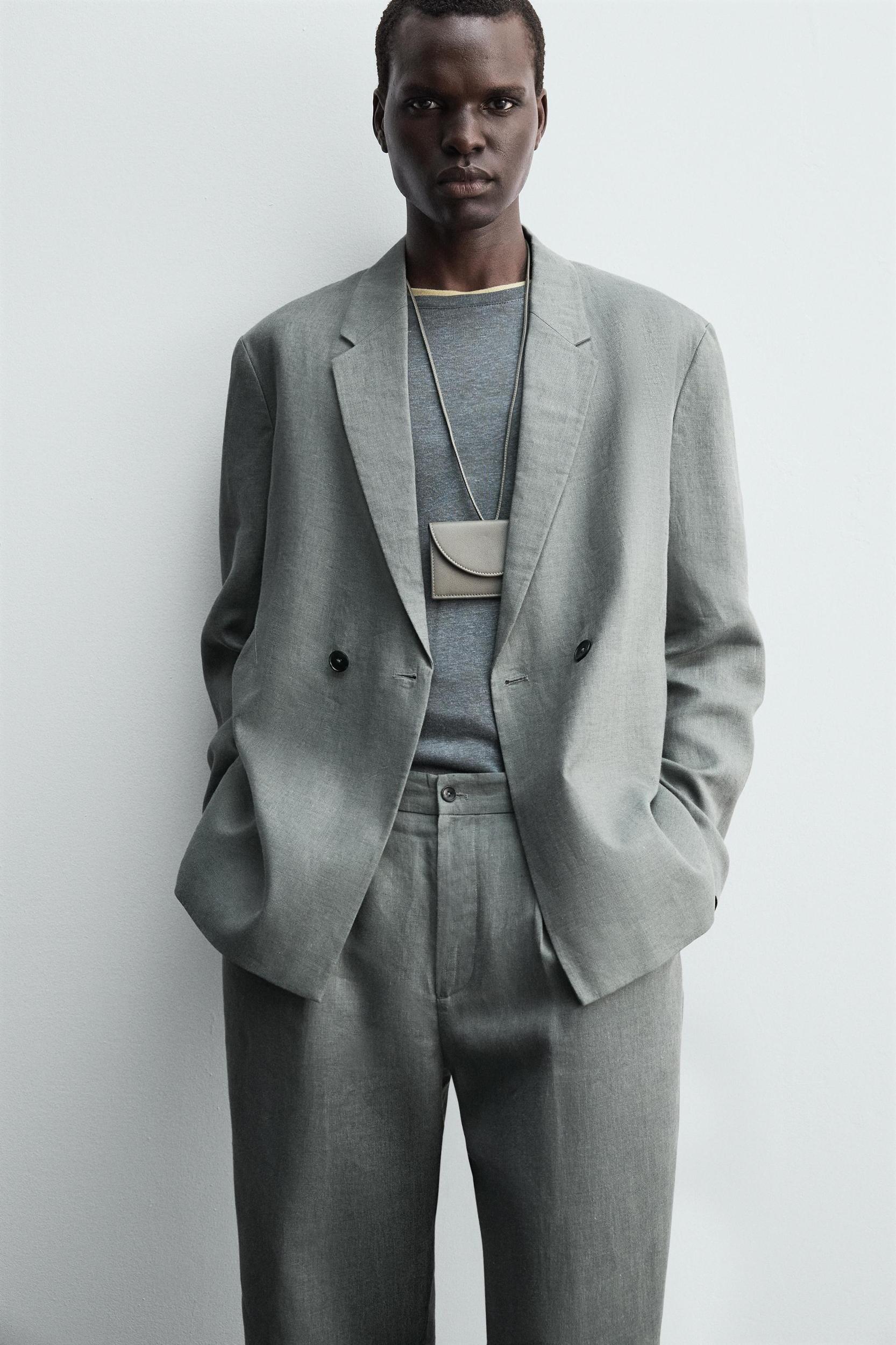 100% LINEN DOUBLE BREASTED SUIT BLAZER Product Image