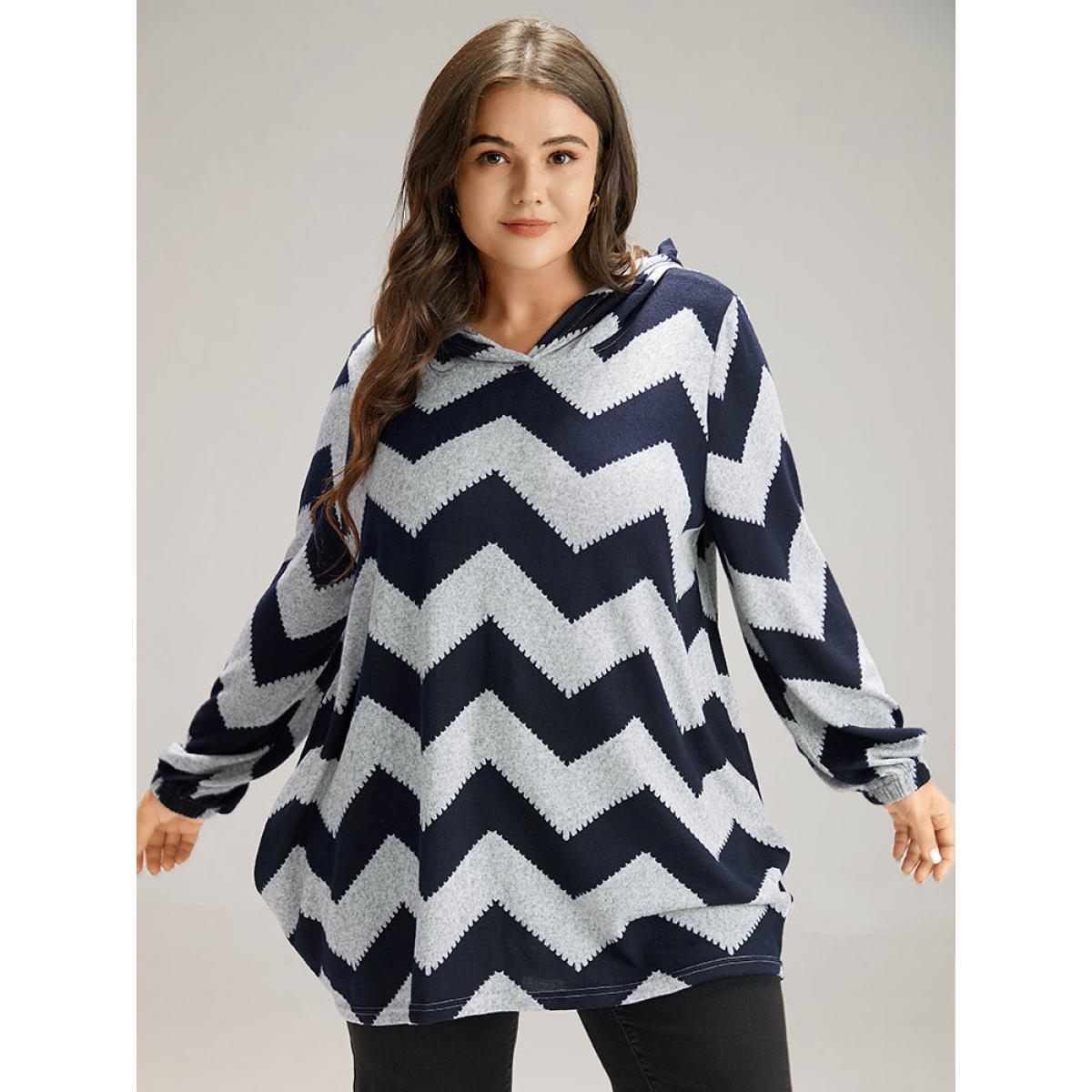 Plus Size Geo Striped Hooded Elastic Cuffs T-shirt Navy Women Casual Elastic cuffs Geometric Hooded Dailywear T-shirts BloomChic 22-24/3X Product Image