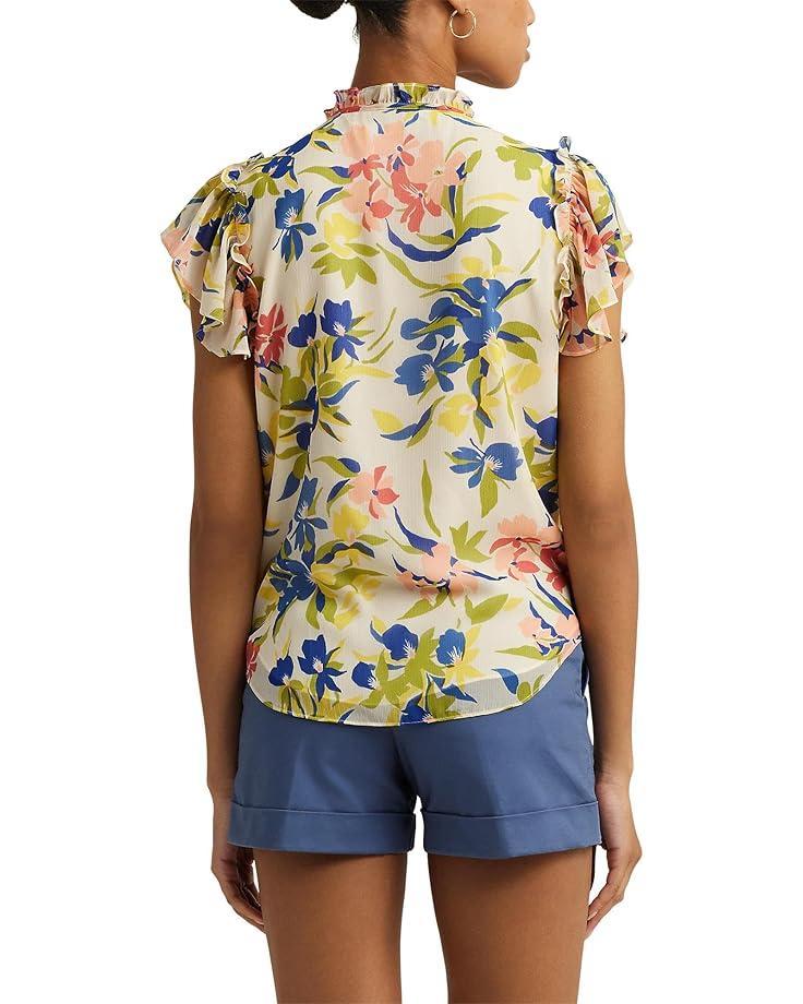 Floral Linen-Blend Jersey Tie-Neck Top Product Image