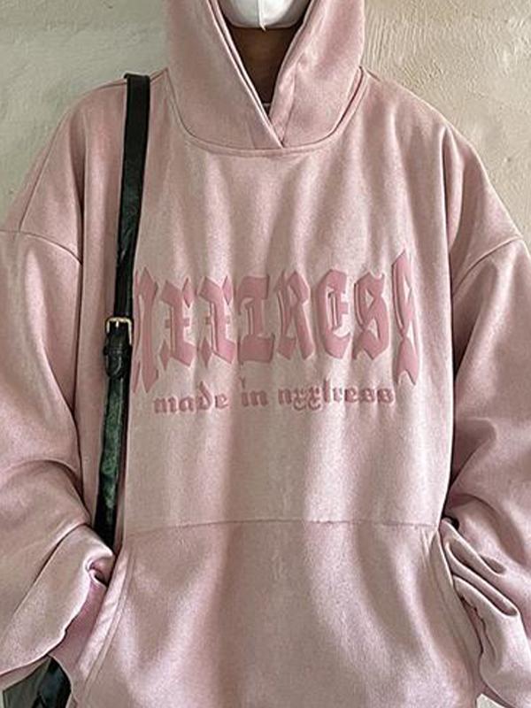 Men's Suede Letter Print Kangaroo Pocket Oversized Hoodie Product Image