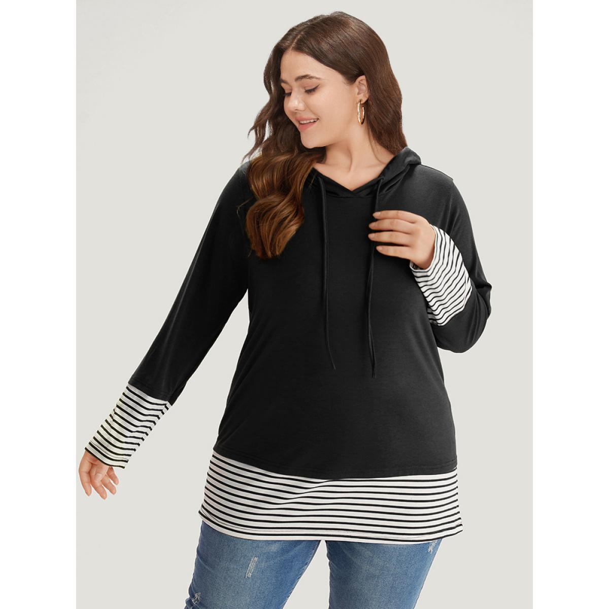 Plus Size Striped Patchwork Hooded Drawstring T-shirt Black Women Casual Patchwork Striped Hooded Dailywear T-shirts BloomChic 30/6X Product Image